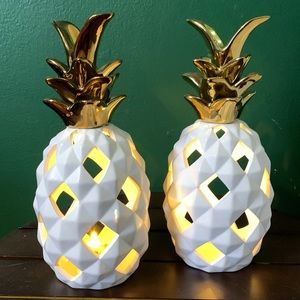 White & Gold Ceramic Lighted Pineapples Home Decor